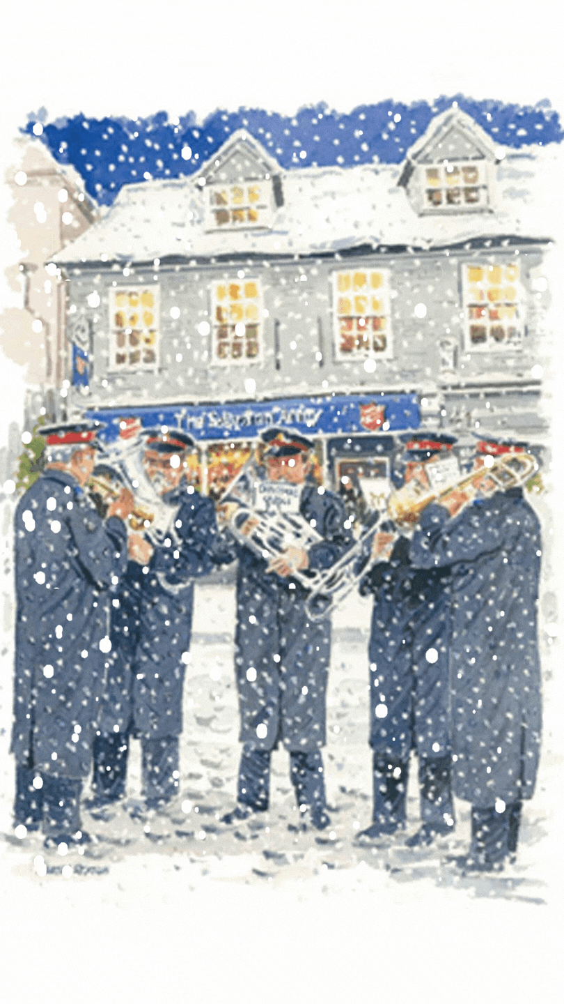 Animated e-card showing a hand drawn image of a Salvation Army band playing in the snow with animated snow falling slowly.