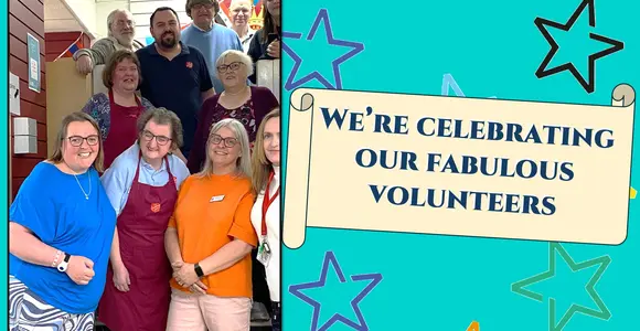 Group photo of volunteers and staff gathered inside a Salvation Army community café during Volunteer Week, alongside a celebratory graphic reading “We’re Celebrating Our Fabulous Volunteers”.