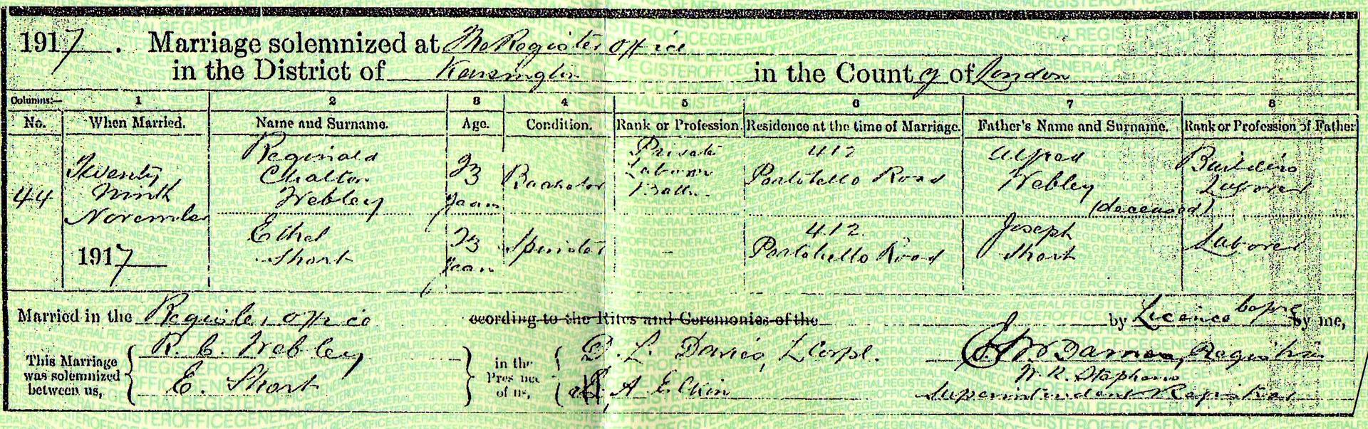 Ethel and Reginald’s marriage certificate