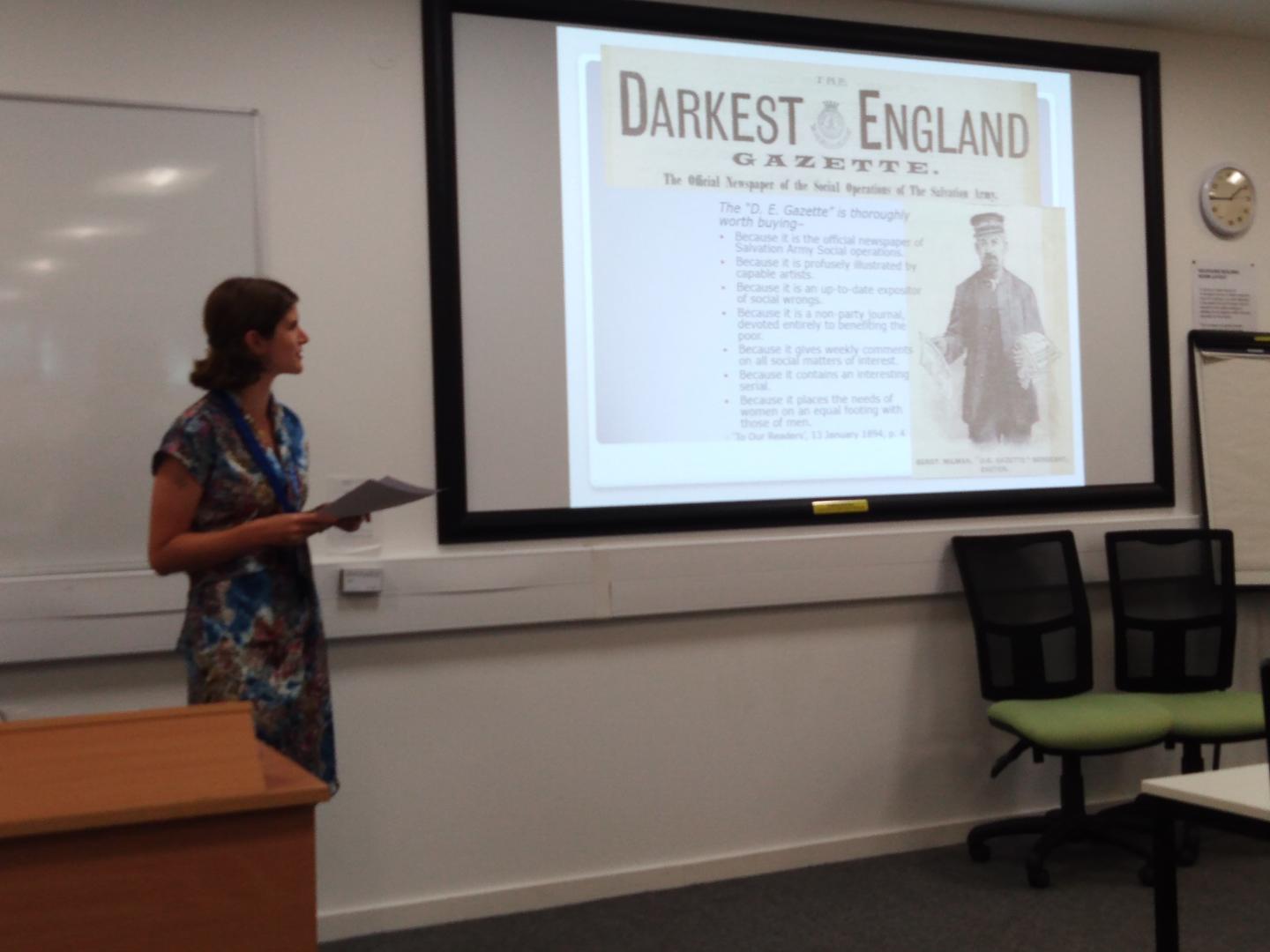 Dr Flore Janssen presenting her paper ‘New Approaches to the Salvation Army Social Work: the Digital Darkest England Gazette, 1893-94', BAVS Conference, 2019