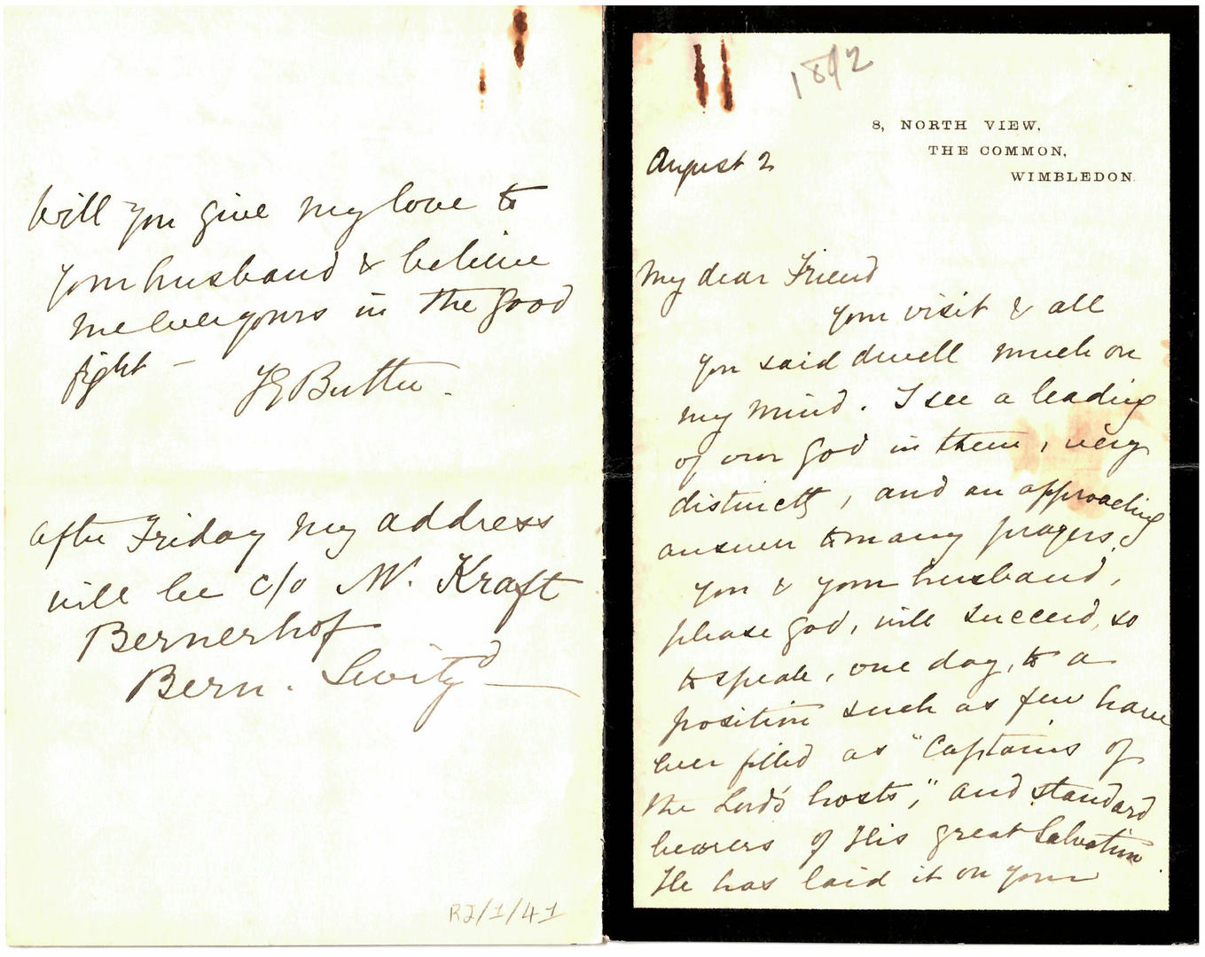Letter from Josephine Butler to Florence Booth