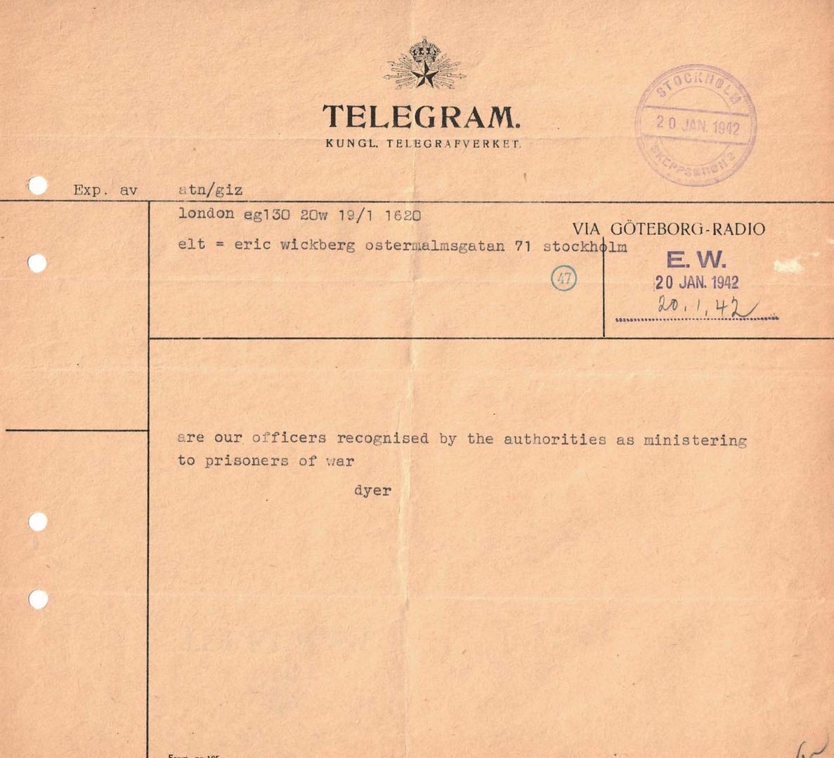 Telegram from Commissioner Frank Dyer to Major Erick Wickberg