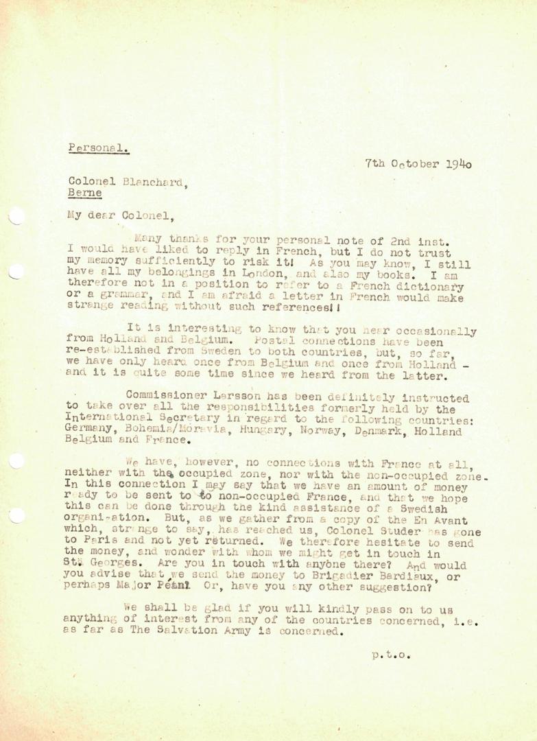 Typescript letter from Major Erik Wickberg to Colonel Blanchard, 7 October 1940