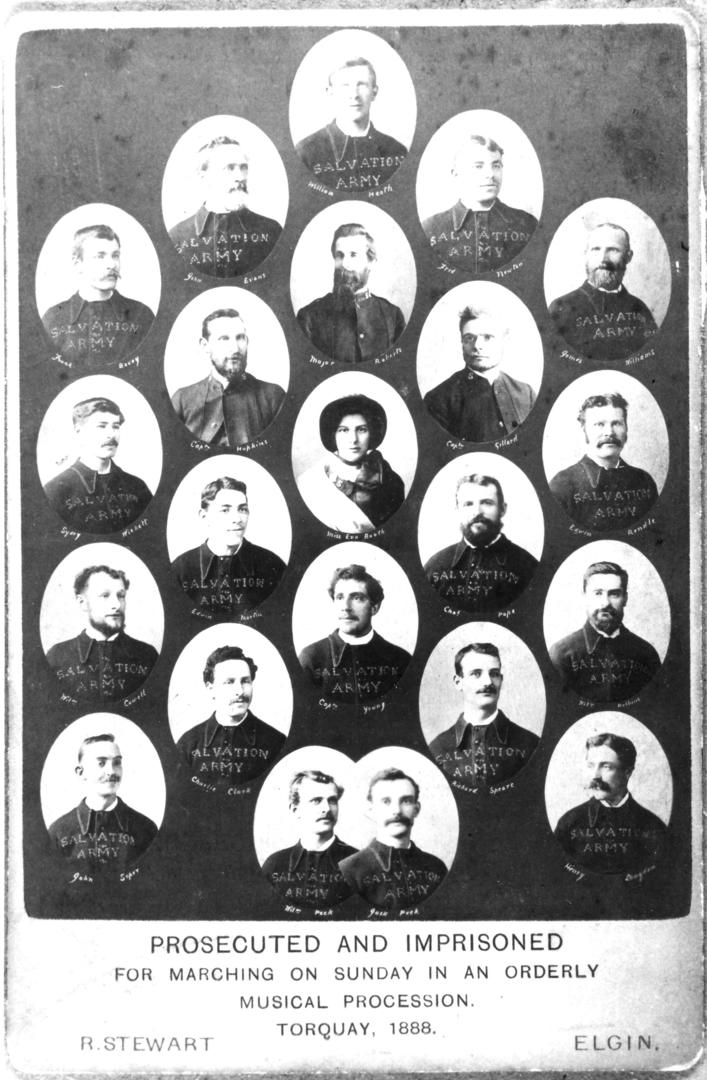 Postcard depicting Salvationists who were arrested in the Battle of Torquay, 1888