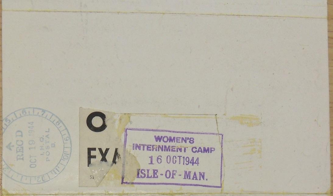 Reverse side of document stamped 'Women's Internment Camp Isle of Man'