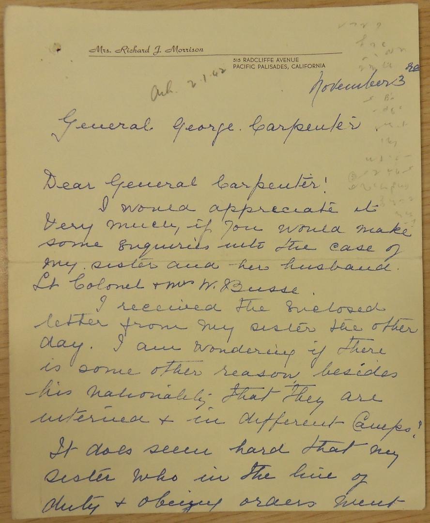 Letter to General George Carpenter about Walter and Esther Busse