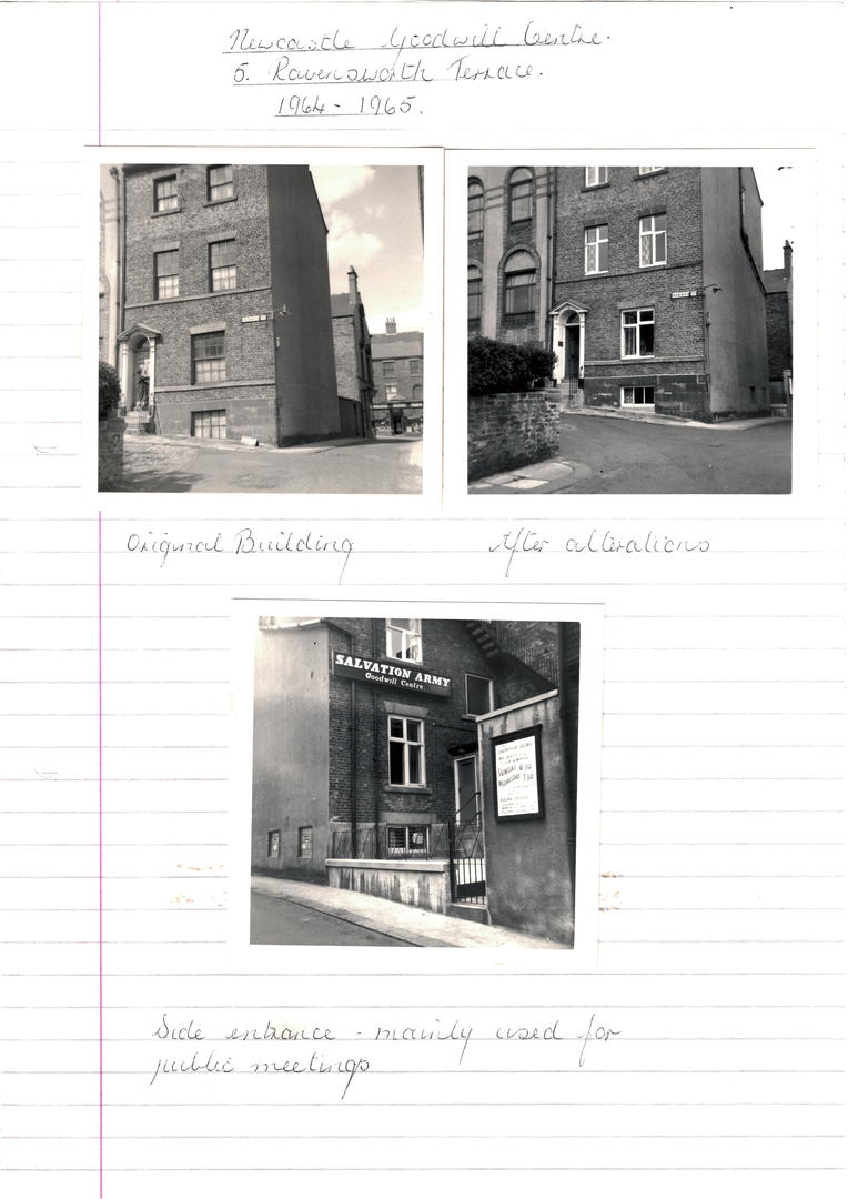 Three photographs of the exterior of 5 Ravensworth Terrace annotated by Lilian Riches