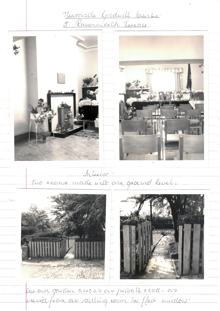 Four photographs of the interior and garden of 5 Ravensworth Terrace annotated by Lilian Riches