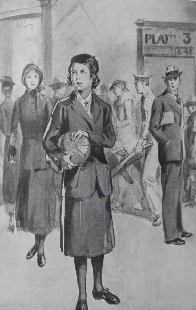 Illustration of a woman in a train station being observed by a Salvation Army officer