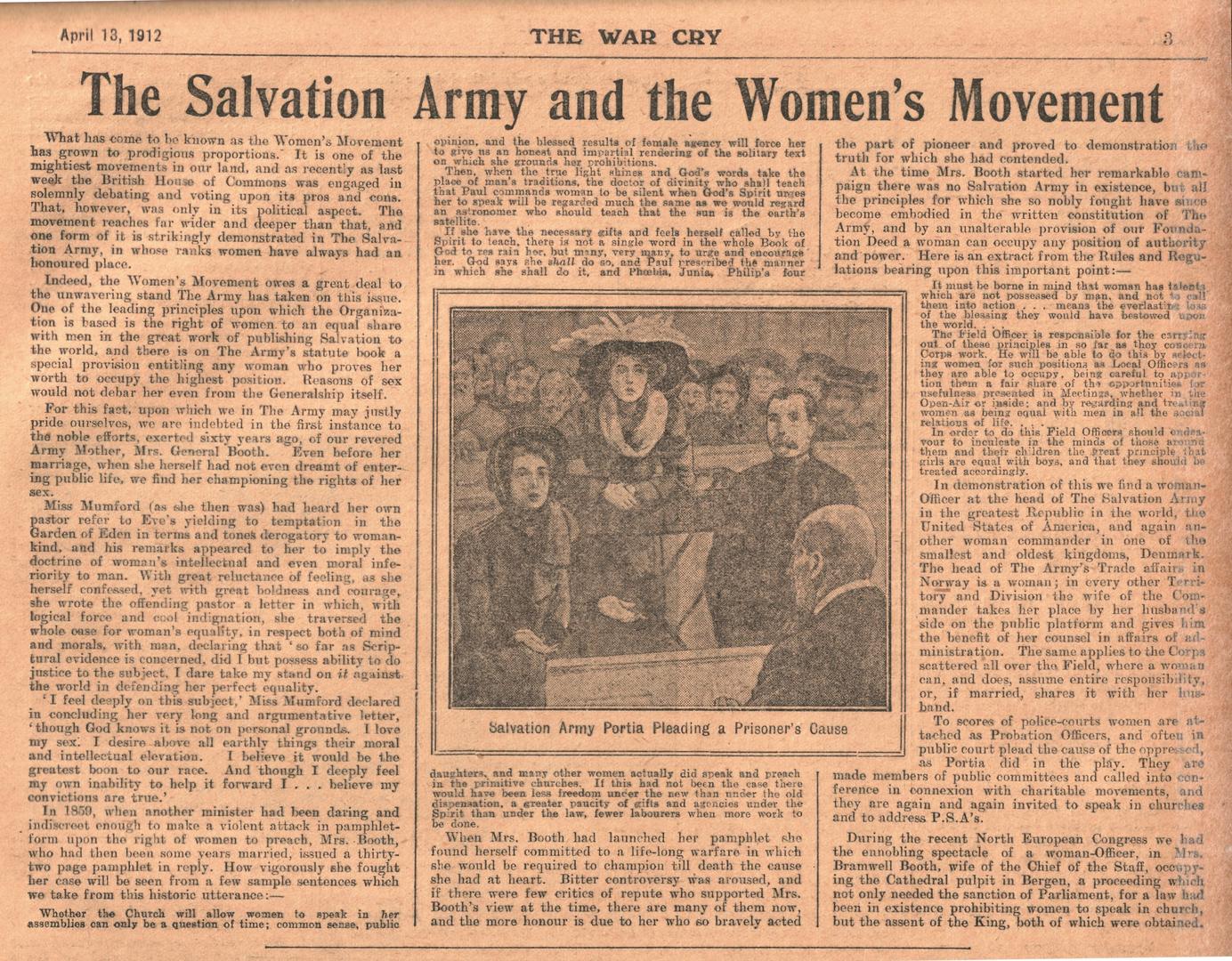 'The Women's Movement' article from The War Cry, 1912