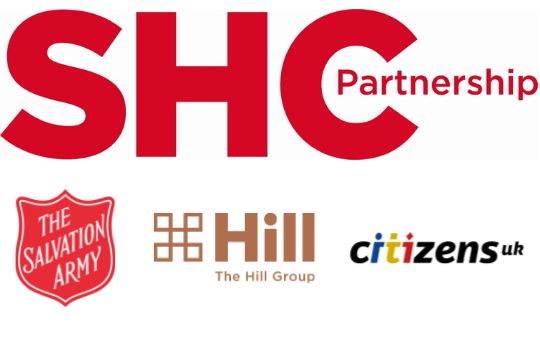 The Salvation Army, The Hill Group, Citizens UK logos forming the SHC Partnership