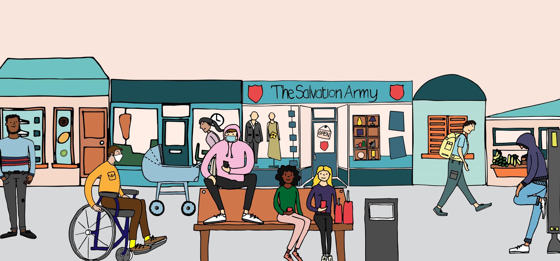illustration showing a Salvation Army charity shop on the high street. 