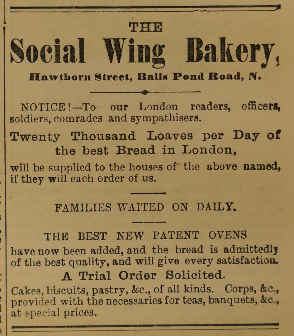 The Social Wing Bakery ad, The War Cry, 1891