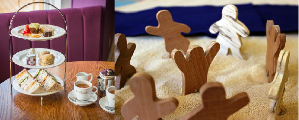 Pictures side by side: cake stand with sandwiches and cakes beside cups of tea; several  simple wooden people stood in sand
