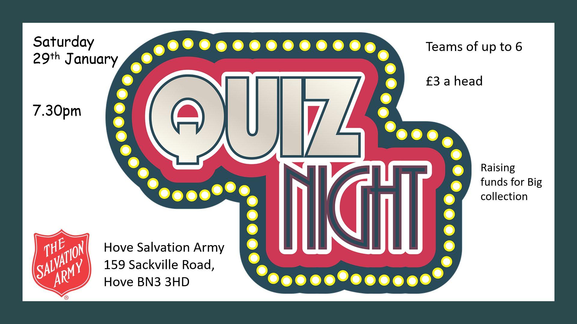 Quiz night at Hove Salvation Army - Saturday 29th January 7.30pm