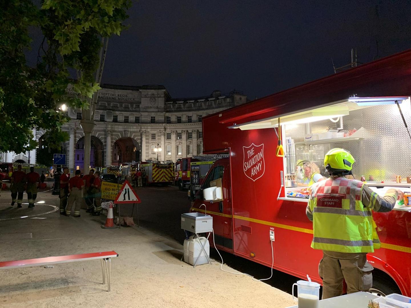 The Salvation Army Incident Response vehicle providing refreshments to emergency responders in Trafalgar Square.
