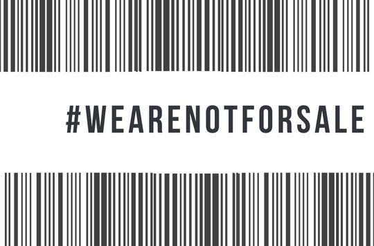 Anti Slavery Day graphic using a barcode design and the we are not for sale hashtag.