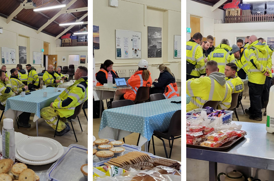 Three separate images in which emergency responders in high visibility uniforms stand and talk together or sit together at tables.