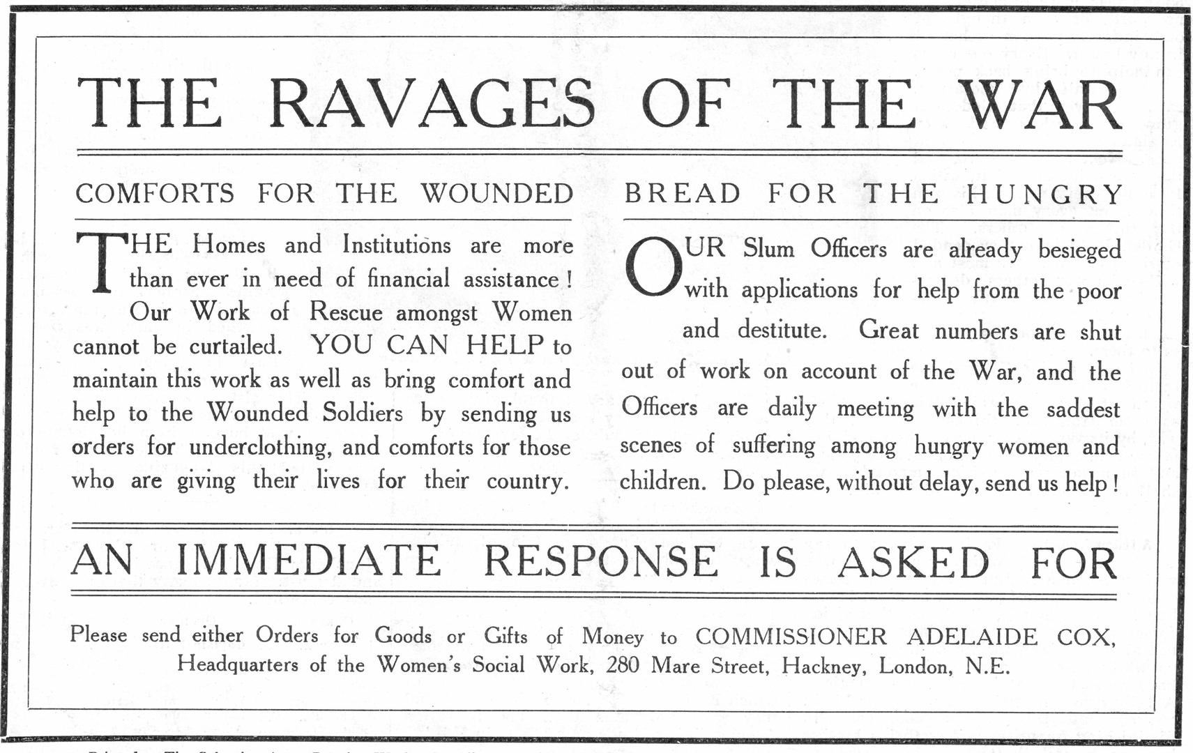 Advert headed 'The Ravages of War' requesting orders for Salvation Army industrial homes