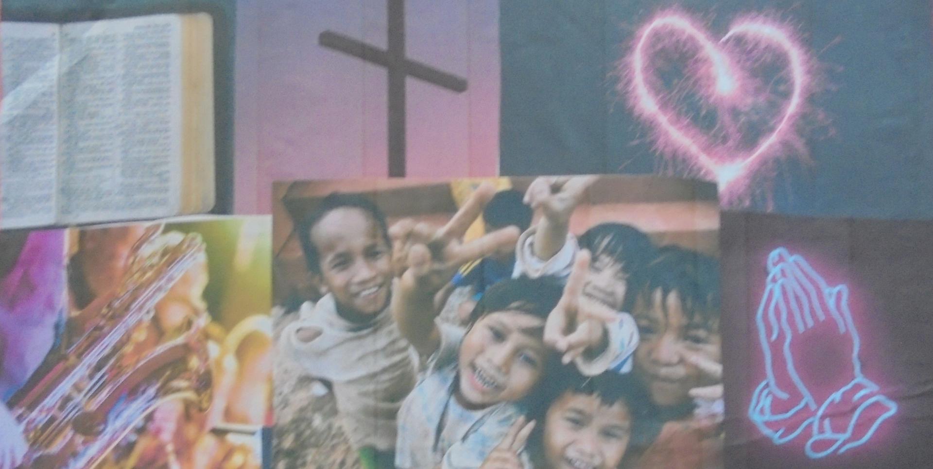 Collage of images - a bible, a cross, a love heart, someone playing the saxophone, happy children, hands lifted in prayer