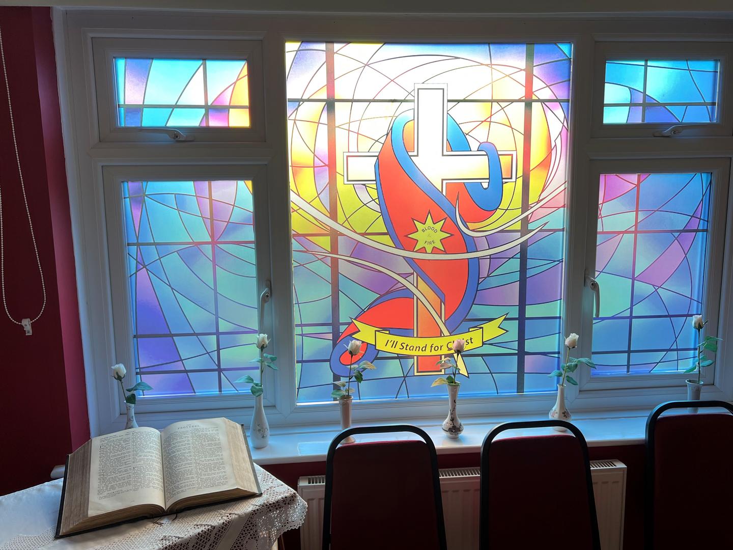 Stained glass window with flag image