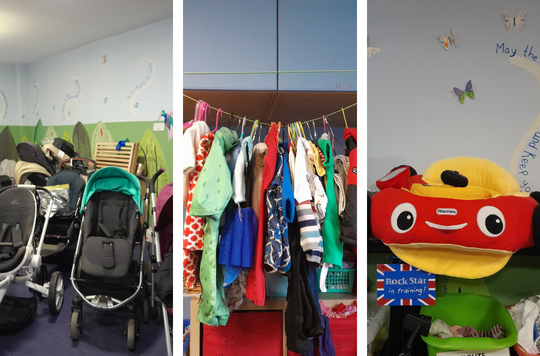 Three images, one of a selection of buggies, another of baby clothes hung on a line and a third of a toy car for a baby to sit in.