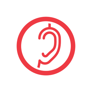 A white square logo with an image of a red ear in the middle