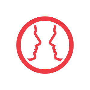A white square logo with the outline of two people looking at each other 