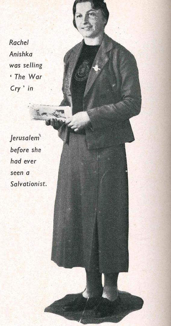 A photograph of Rachel Anishka selling The War Cry in Jerusalem, 1937.