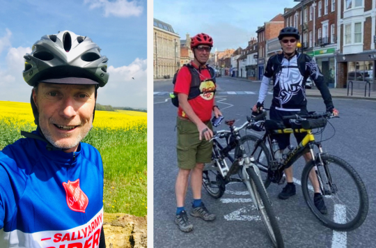An image of Peter Grant wearing Salvation Army branded cycling gear, next to an image of Peter and David Grant with their bikes