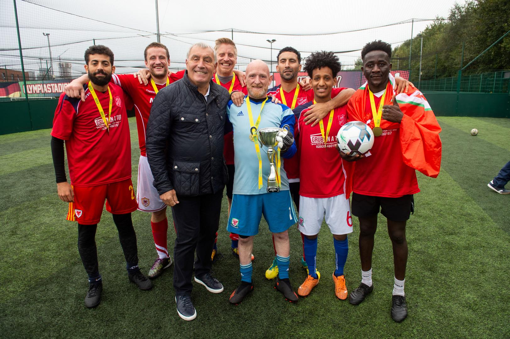 Peter Shilton with the winning football team Ty Gobaith Lifehouse
