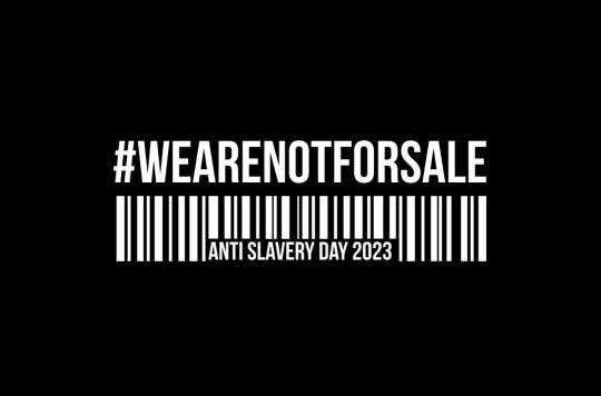 black banner with we are not for sale hashtag and barcode