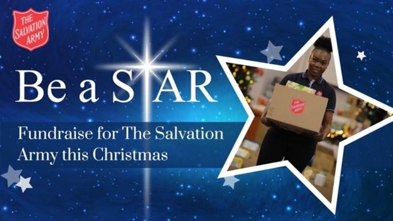 Be a Star text with photo of female salvation army volunteer holding box of gifts