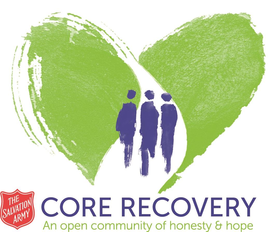 Core Recovery logo: A green heart drawn in paint strokes with three blue figures in the centre.