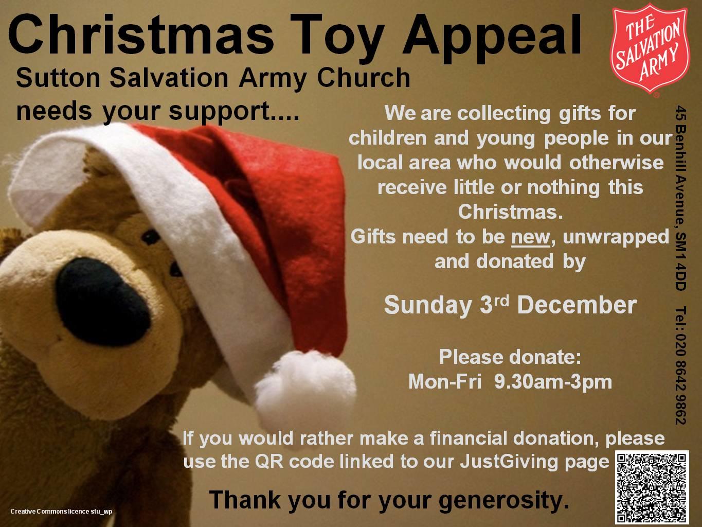 A teddy bear with a Santa Claus hat and information relating to their Christmas Toy Appeal