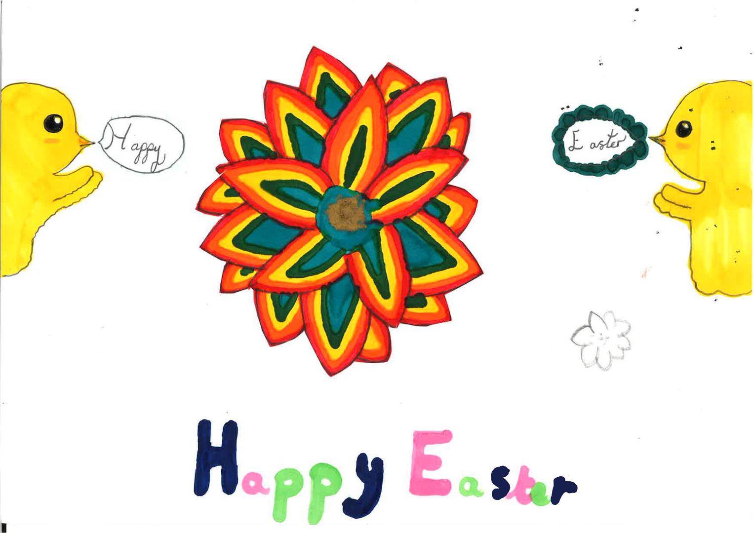Chick and colourful flower Easter card