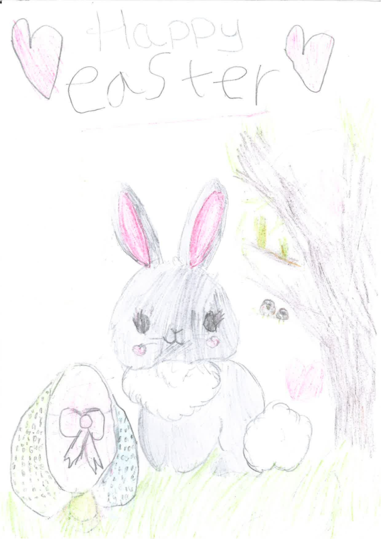 Drawing by a child in Year 1 of a grey bunny next to a basket, sat under a tree with two chicks in it.