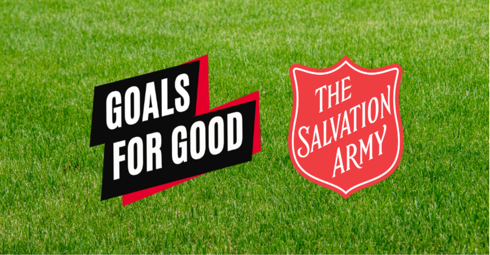 Goals For Good spelled out on top on a football pitch alongside the Salvation Army shield
