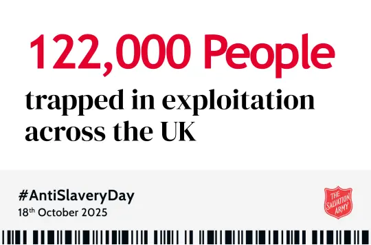 Graphic highlighting exploitation in the UK. Main text reads: '120,000 People trapped in exploitation across the UK', with '120,000 People' in large red font and the rest in black. Below is the hashtag '#AntiSlaveryDay' and the date '18th October 2025'. The Salvation Army logo appears on the right. At the bottom, there are black and white barcode-like lines.