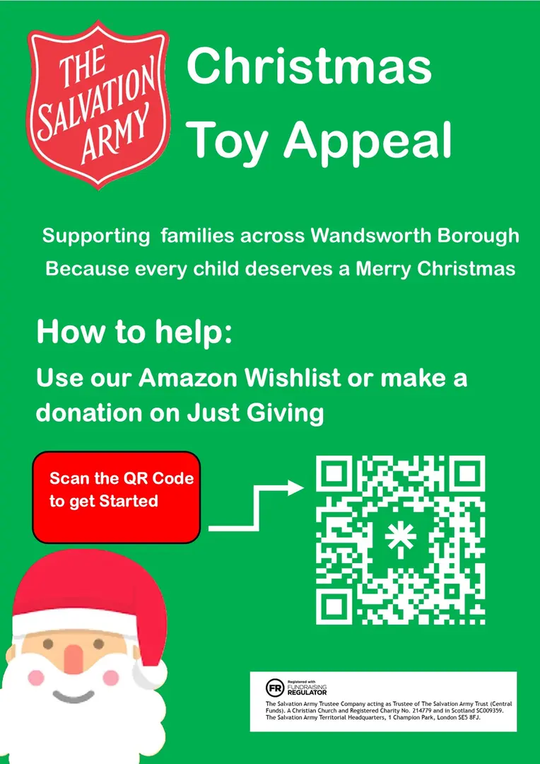 Green Background with image of Santa in the lower corner and a QR code which takes you to our Amazon Wishlist and Just Giving Page