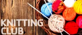 A basket of wool with the Words Knitting Club over top