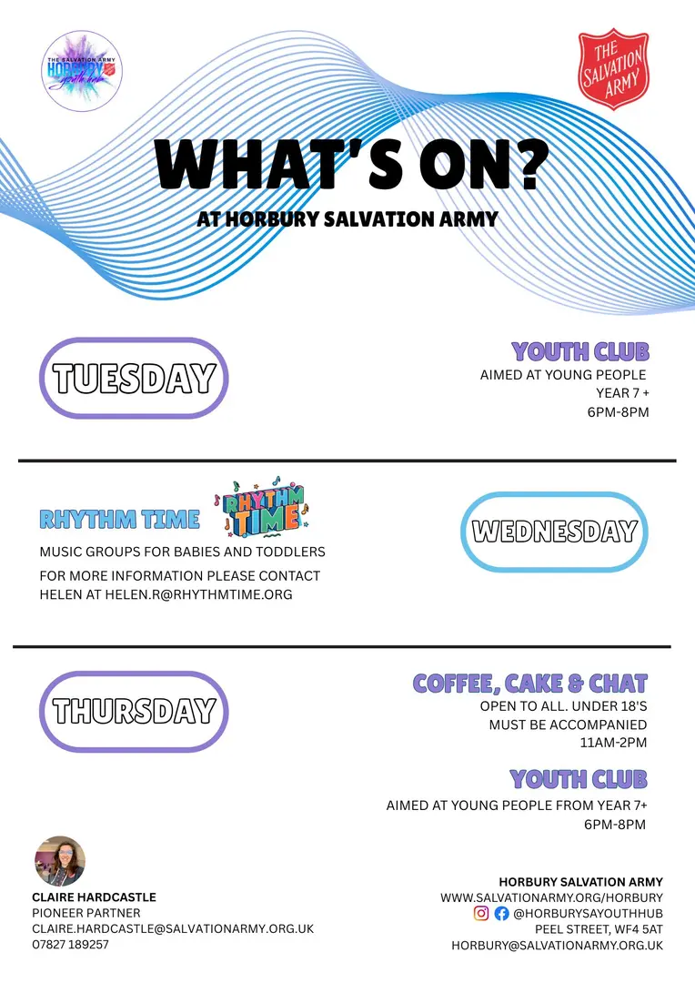 Poster with weekly programme information. Youth Club on Tuesdays and Thursdays 6pm-8pm. Coffee morning on Thursday morning 11am-2pm.. 