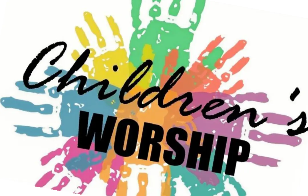 Multi-coloured hand prints with the words "Children's Worship" in the middle