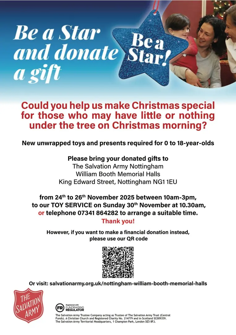 A Salvation Army Christmas donation flyer titled "Be a Star and donate a gift" on a blue background. It encourages donations of new unwrapped toys and presents for children aged 0 to 18.