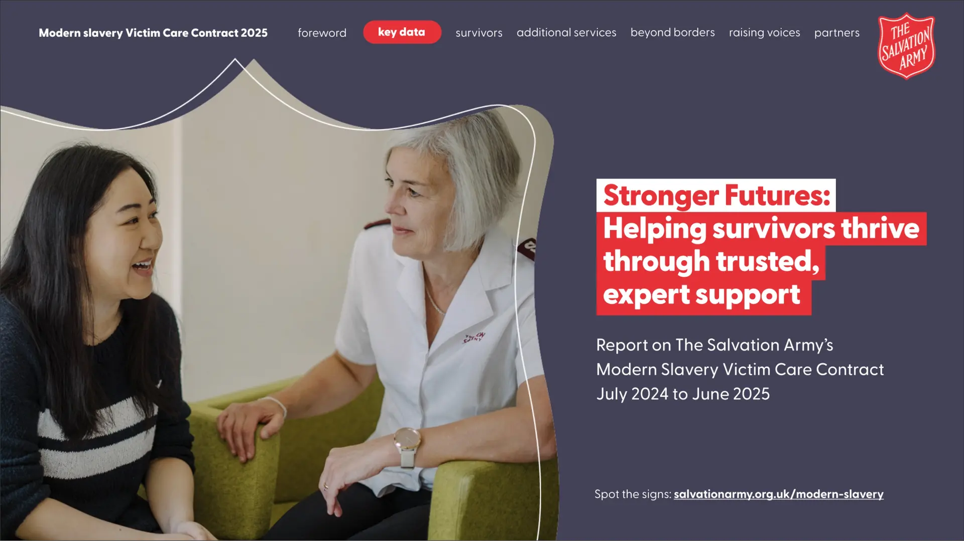 Cover page of the Salvation Army's 'Stronger Futures' report on Modern Slavery Victim Care Contract (July 2024 – June 2025), featuring two people in conversation—one in a Salvation Army uniform and the other in casual clothing. Includes navigation links to sections like foreword, key data, survivors, and more.