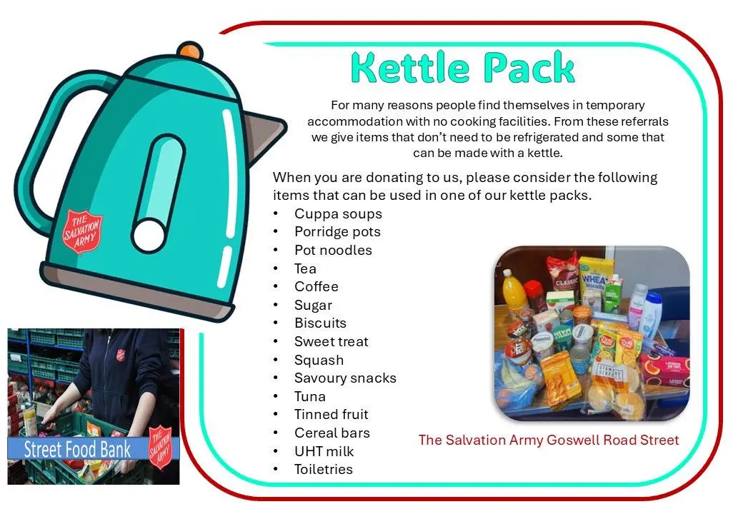 image of kettle and list of items needed for our kettle pack food parcels