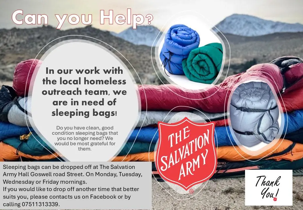 image of sleeping bags and text to ask for donations
