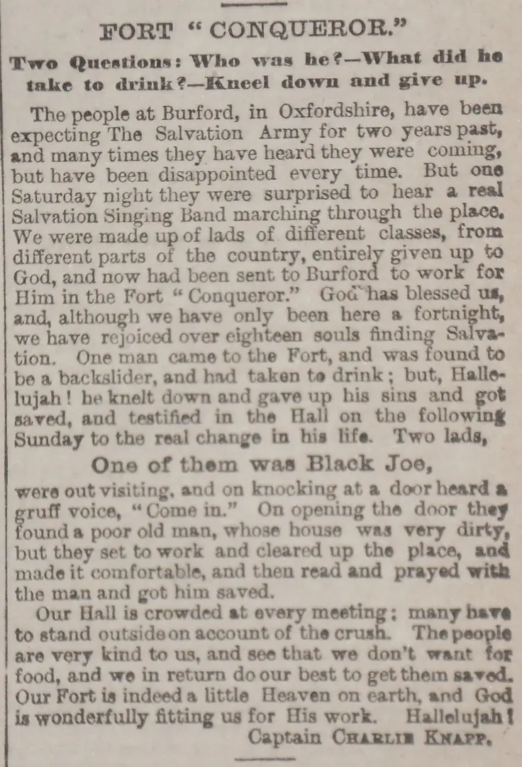 War Cry report on the Fort Conqueror 1886