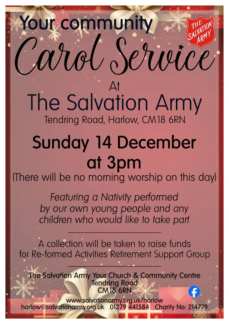 Carol Service 14 December at 3pm Harlow Salvation Army