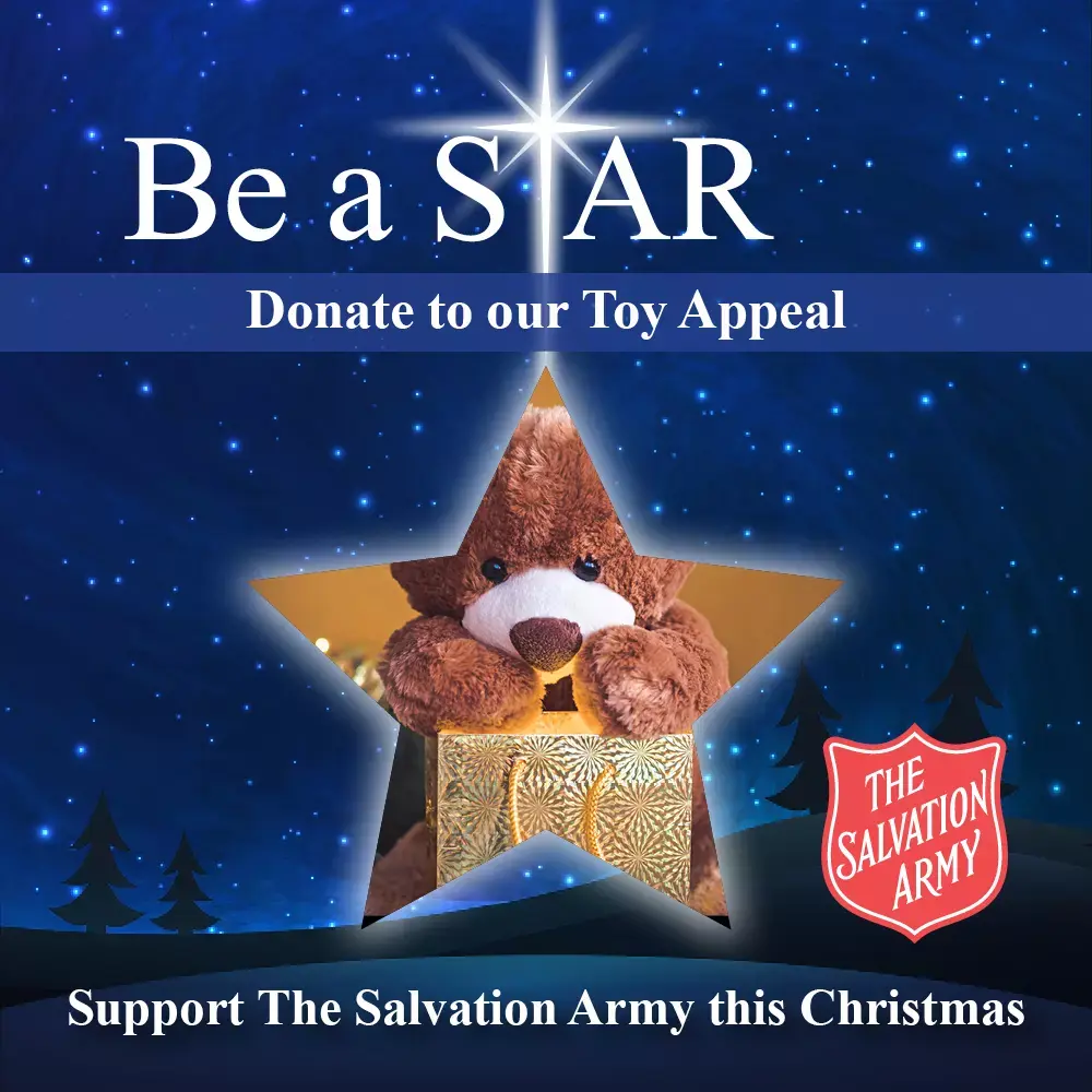 Image of a star with the text "be a star - help our toy appeal"